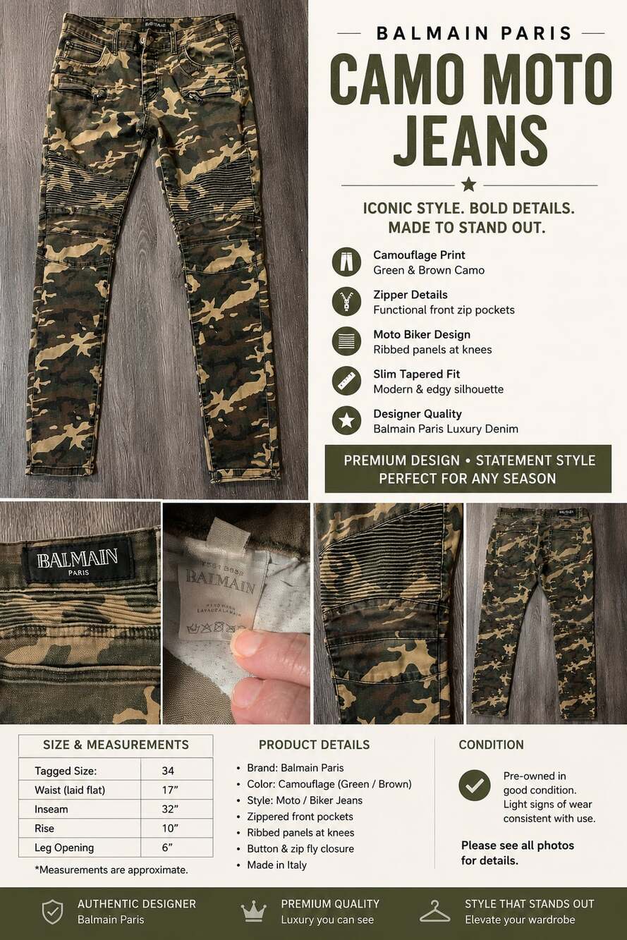 Balmain Paris Camouflage Moto Biker Jeans Size 34